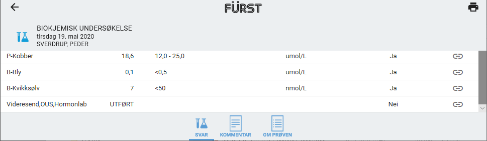 Blodprøve 2020-05-19, side 4. Typiske stoffskifteparametre.